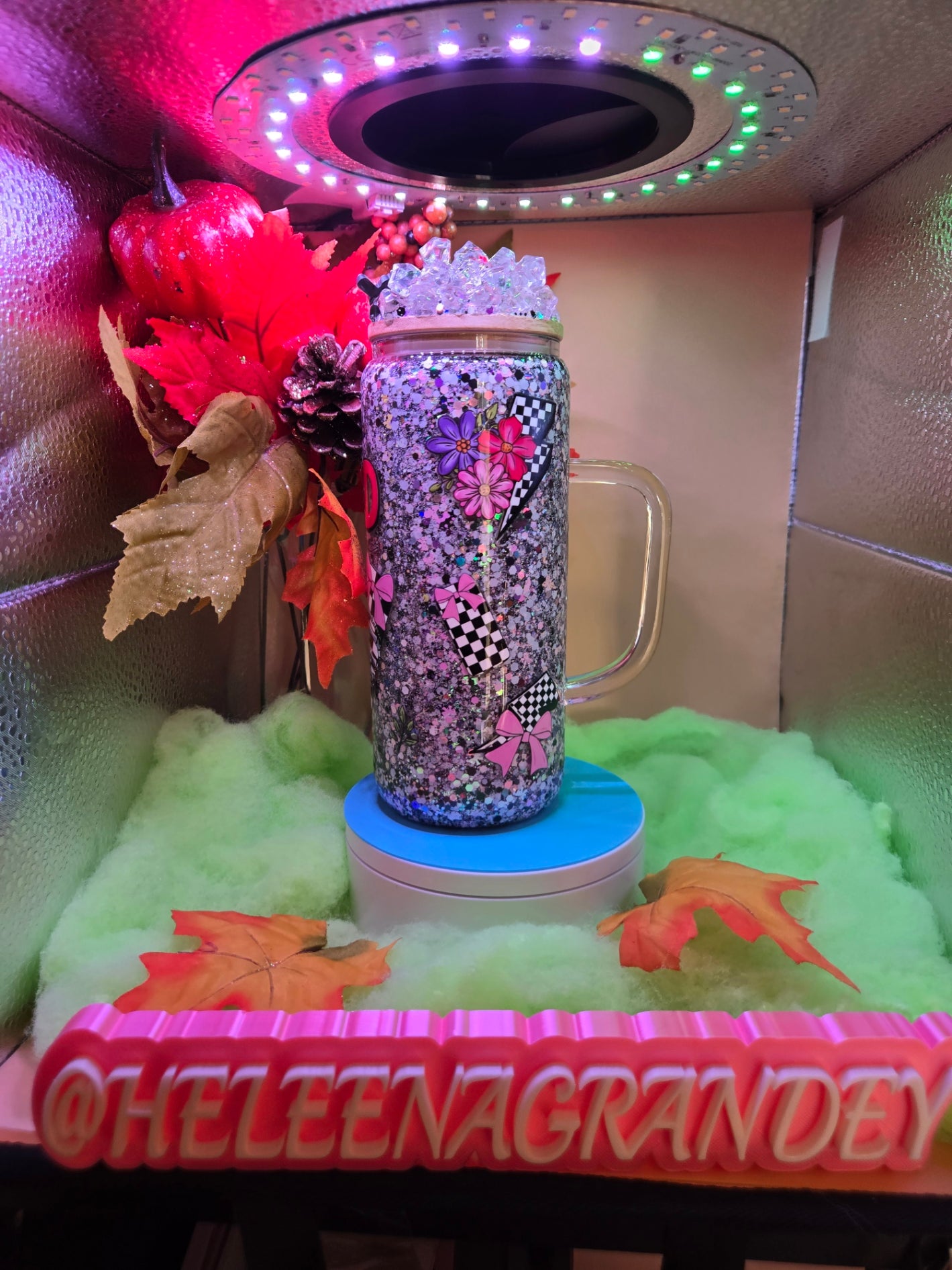 cup with pink bows and checkered ribbon