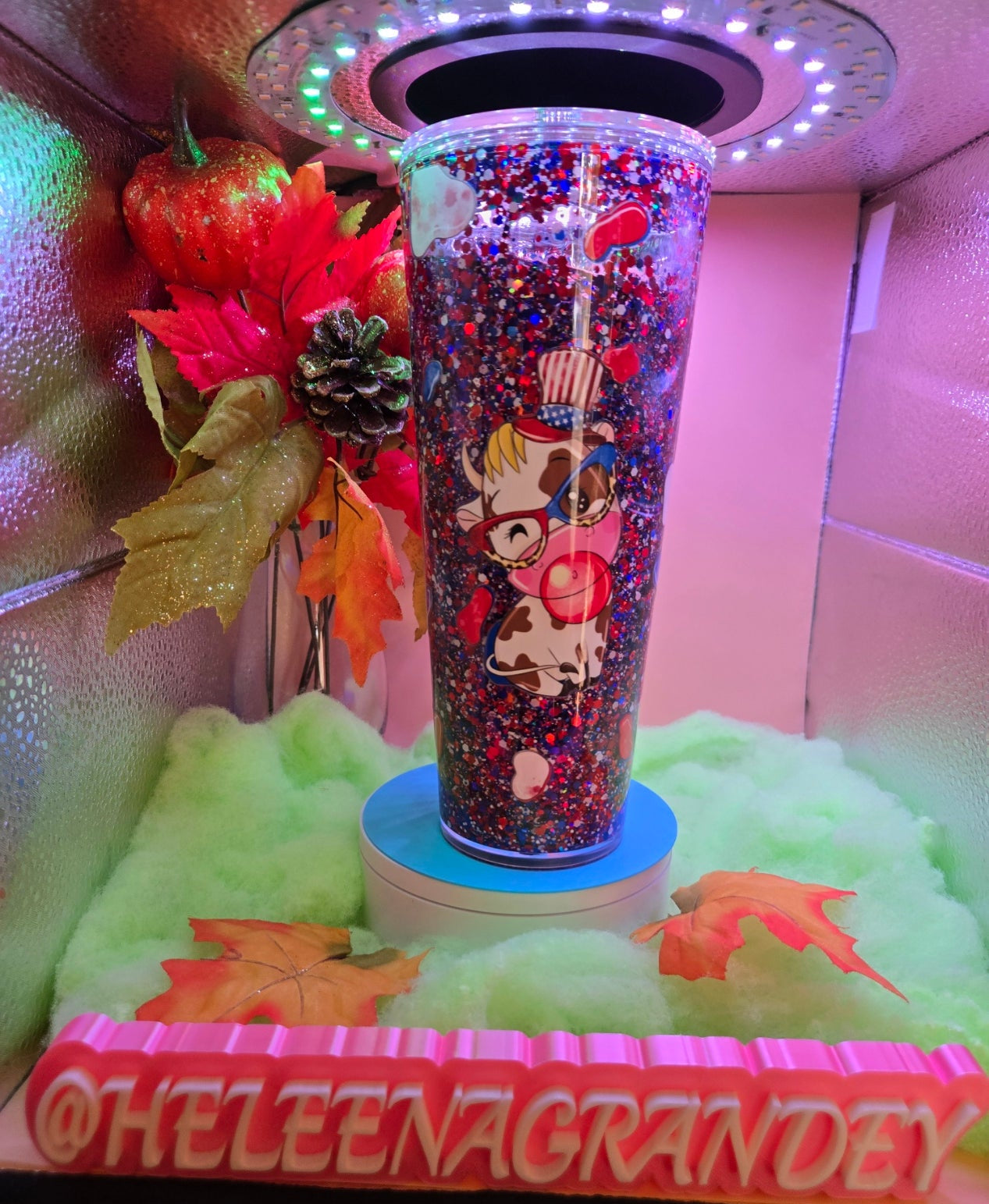 red, white and blue with cow