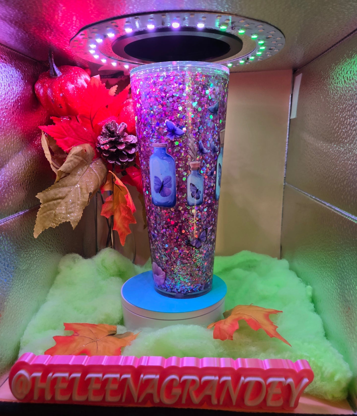 pink and blue with butterflys and bottles