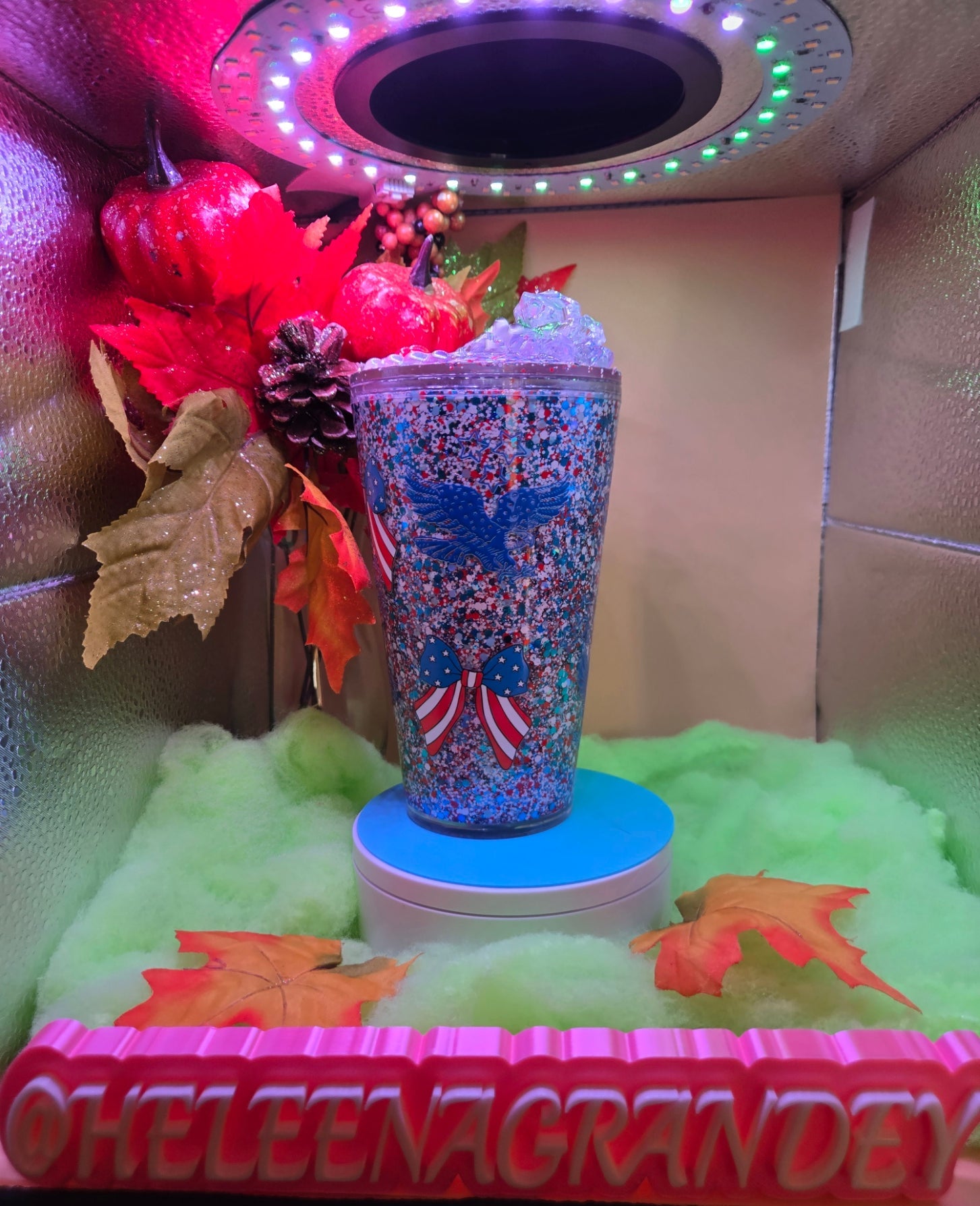 red, white and blue with bows